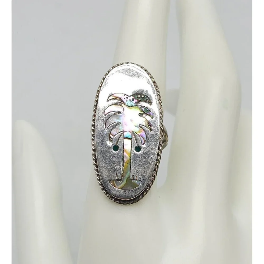 Vintage Artist Signed Taxco Sterling Silver Abalone Palm Tree Ring Size 8